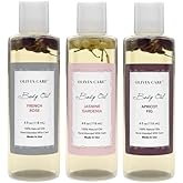 Olivia Care 3 Pack Body Oils: Apricot Fig, French Rose, Jasmine Gardenia - Natural Perfume Oils For Women & After Bath Oils Body Moisturizers, Rich in Vitamin E, K, & Omega (3 Scents)