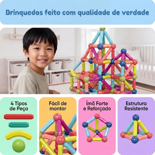 Bloco Magnetico Infantil de Montar, Brinquedo Educativo Infantil Bastões e Bolas, Kit de Construção 2D e 3D, Desenvolvimento STEM para Criatividade, Coordenação Motora e Raciocínio Lógico (103)