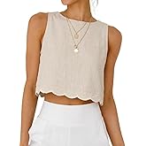 IDEALSANXUN Womens High Neck Linen Tank Tops Spring Summer Scallop Hem Cropped Sleeveless Shirts Blouses