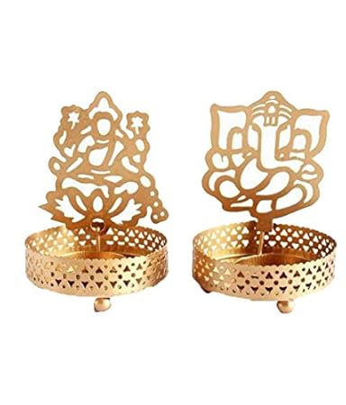 JD PRODUCTS Golden Metal Decorative Shadow Divine Lord Ganesha Ganpatiji and Laxmi Ji Tealight Candle Holder
