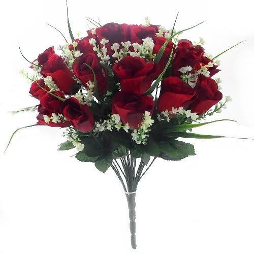 Artificial Roses, 42cm Fake Flowers for Decoration Grass Bush with Gyp & Foliage 24 Red Roses Heads