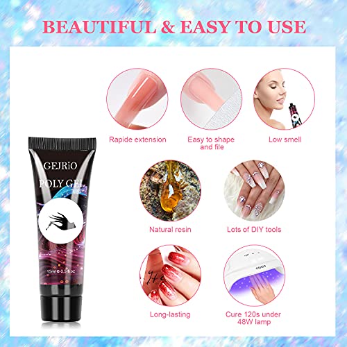 GEJRIO Poly Gel Nail Kit with UV Lamp, Poly Gel Kits with 6 Colors, Gel Base and Top Coat, Nail Art Supplies, All in One Extension Builder Gel for Nails for Professional and Beginner DIY at Home