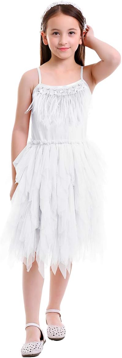 Little Girl Swan Princess Feather Fringes Tutu Dress Pageant Party Wedding Dance Formal Birthday Short Tiered Gown