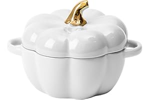 JUSTUP Dutch Oven Pot with Lid, Pumpkin Pottery Dessert Saucepan, Mini Baking Dish Cute Pumpkin Bowl, Covered Dutch Oven Ceramic Stockpot, Pumpkin-Shaped Casserole (White)