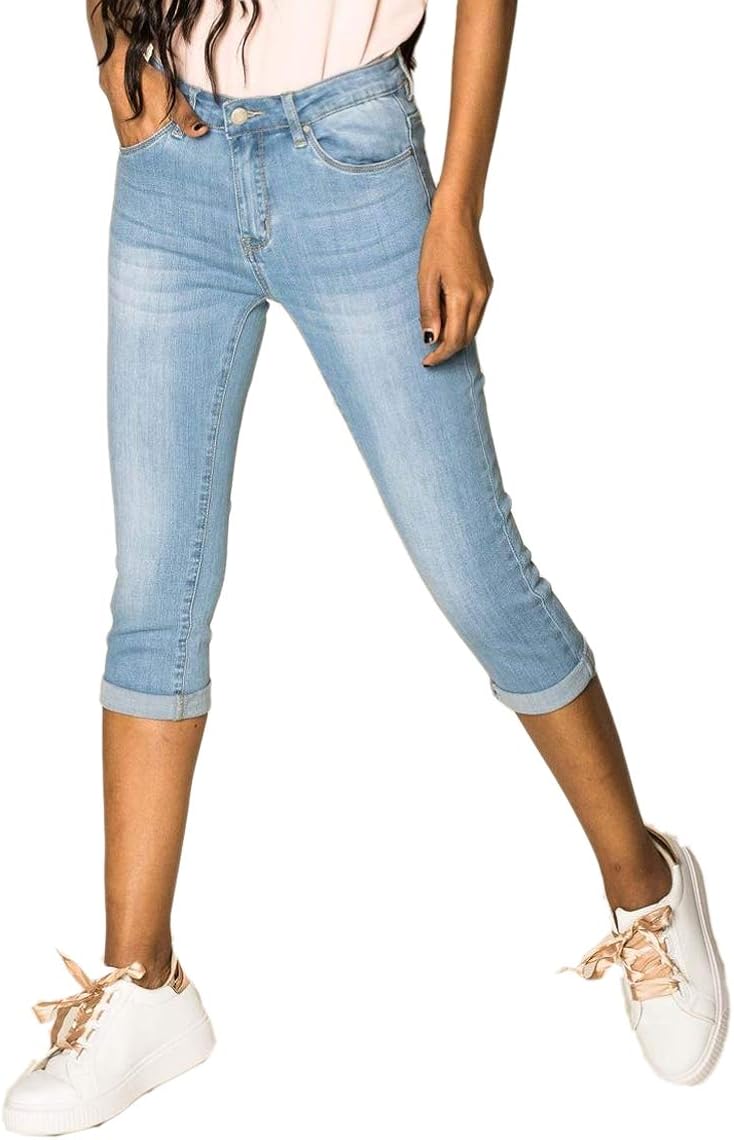 Womens Capri Jeans Shorts Stretch Skinny 3/4 Bermuda 5 Pocket Short