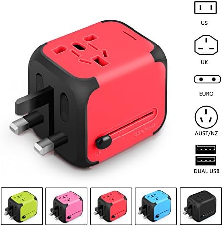 International Travel Adapter Charger - Worldwide AC Socket - 2.4A Dual USB Charging Ports for US, UK, EU, AU - Safety Fuse (RED)