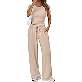 Trendy Queen 2 Piece Matching Summer Sweatsuit Lounge Set Womens Wide Leg Pants Side Ruching Crop Top Sets