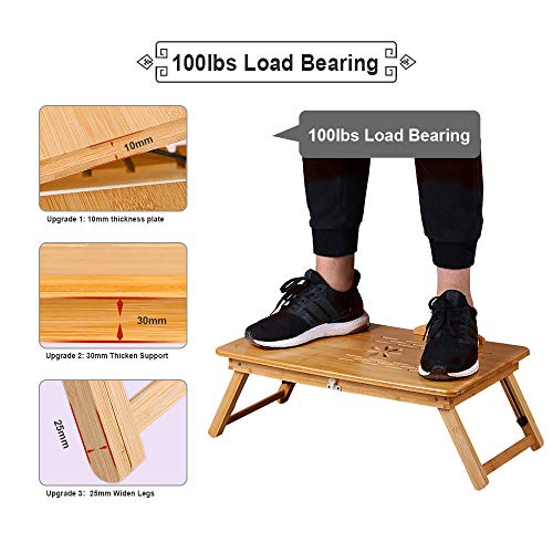 Bamboo Wood Laptop Desk Tray Foldable Breakfast Tray Table Adjustable Computer Bed Tray for Eating Laptops Writing Reading on Bed Sofa Coach with Drawer Tilting Desktop Leg (Upgraded,Thicken)