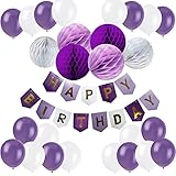 Cocodeko Happy Birthday Bunting Banner with 20 Pieces Latex Party Balloons and 6 Pieces Honeycomb Balls for Birthday Party Decorations - Purple