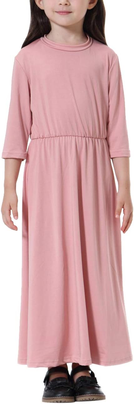 besbomig Muslim Islamic Girl's Round Neck Maxi Dress - 3/4 Sleeve Loose Fit Arabic Kaftan Liturgical Praise Dresses Total Length