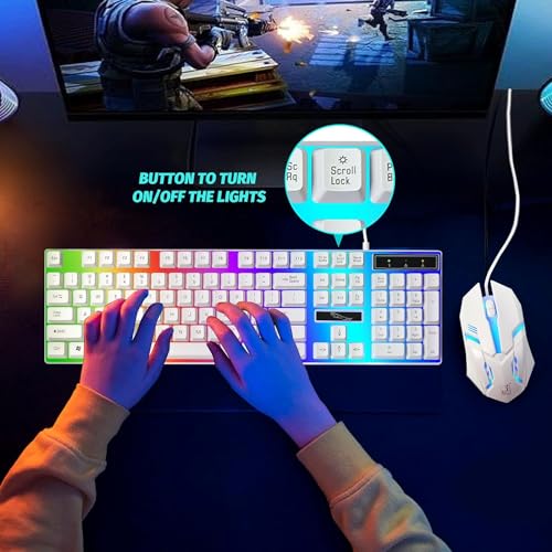 SKY-TOUCH G21 Computer Gaming Keyboard and Mouse Combo :Keyboard with Flexible Polychromatic LED Lights Mechanical Feel Wired USB Working Keyboard Mouse Set for Windows Computer(White)