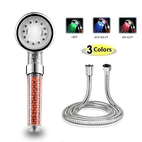 LED Shower Head with Hose, CNASA High-Pressure Negative Ionic ShowerHead Handheld Filter, Softens Water, Prevention Dry Skin and Hair, Color Changing by Water Temperature