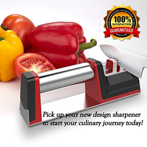 Joso Professional Kitchen 3 Stage Stainless Knife Sharpener with Diamond Tungsten Ceramic for Dull Steel, Paring, Chefs and, medium, Red, Black, chrome, silver