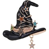 Vintage Witch Hat Star Colorful CZ Dangle Black White Enamel Halloween Brooch Lapel Pins for Women Girls Boys Gold Plated Fashion Magic Witch Brooches Pin Cute Holiday Party Hat Bag Suit Accessories Jewelry Gift