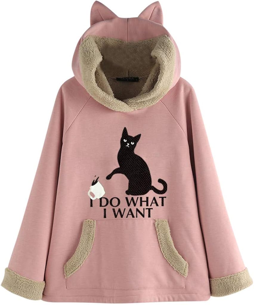 Women's Fuzzy Fleece Cat Ear Hooded Pullover with Pocket Winter Outwear