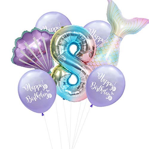 CHTENG 7PCs Mermaid Foil Balloons Set Mermaid Sea Theme Birthday Party Decoration 32 Inch Number Foil Balloon Shell Helium Balloon (Purple-8)