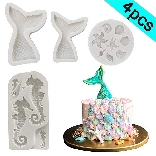 Seashell Mermaid Tail Mold - BEBEEPOO 4 Pack Seahorse Seashell Starfish Mermaid Tail Silicone Mold for Under The Sea Cake Decoration, Chocolate, Candy, Polymer Clay, Cupcake Decor, Sugar Craft, etc.