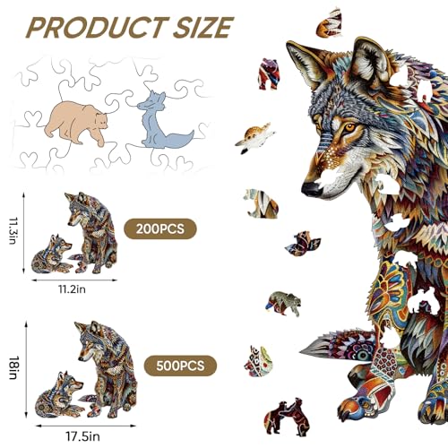 MYS A·U·R Wooden Puzzles for Adults Mandala Wolf Family Jigsaw Puzzles 500Pcs Unique Shapes Animal Puzzles Fabulous Gift for Kids and Adults on Birthday,Thanksgiving,Christmas 17.6x16.5 Inches