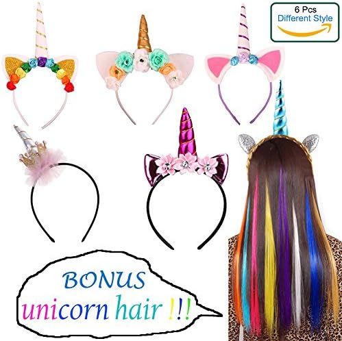 Unicorn Horn Headbands Hair Band with Flower Ears for Girls Birthday Cosplay Party Accessory, Random, 6 Pack
