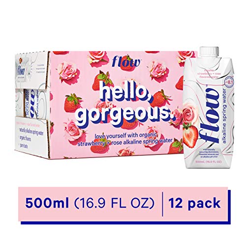 Flow Alkaline Spring Water -Strawberry and Rose Flavored Naturally Alkaline Water With Electrolytes And Essential Minerals - Eco-Friendly Pack, BPA-Free, Non-GMO. 12 Pack of 16.9 FL Bottles
