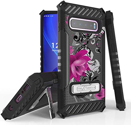 Military Grade Shockproof Hybrid Cover Dual Layer Case w/Stand Compatible with Samsung Galaxy S10 Plus - Lotus