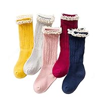 JIEEN 5 Pairs Girl Baby Toddler Clzssic Mesh Ruffle Lace Tube Socks with Grip (S)