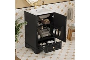 20 Inch Black Bathroom Vanity with Ceramic Sink Modern Storage Cabinet for Small Spaces Single Hole Basin Plus Soft Close Doo