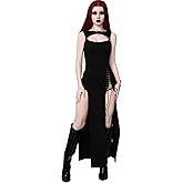 InGoticos Women Sexy Gothic Dress,Punk Metal Y2k Side Cut-Out Rope Slit Goth Dress