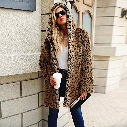 SO-WU Womens Overcoat, Ladies Hooded Warm Outerwear Faux Fur Leopard Print Winter Sweater Parka Coats (S=US 4, Black) - Thumbnail 6
