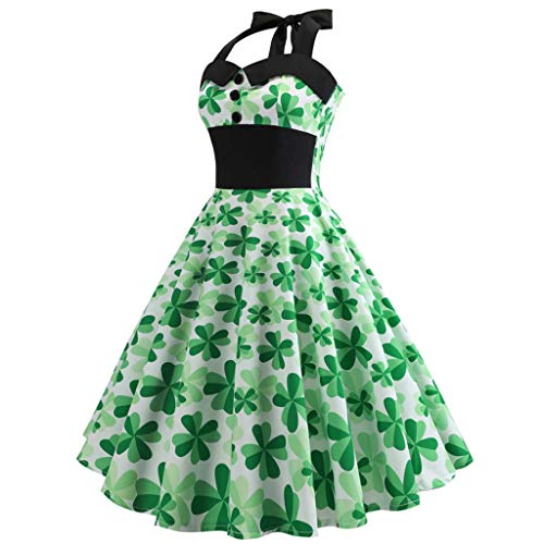 St. Patrick's Day Women's Dress Without Sleeve Clover Sleeveless Halter Dress Evening Print Party Prom Swing Dress