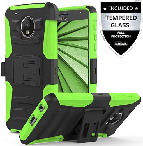 MOTO E4 Case With Tempered Glass Screen Protector,IDEA LINE(TM) Heavy Duty Armor Shock Proof Dual Layer Holster Locking Belt Swivel Clip with Kick Stand - Green