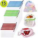 15PCS Reusable Mesh Produce Bags, Washable See-through Grocery Bags for Shopping/Fruits/Vegetable/Toys Storage Bags with 3 Sizes (5 X Small, 5 X Medium, 5 X Large)