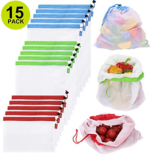 15PCS Reusable Mesh Produce Bags, Washable See-through Grocery Bags for Shopping/Fruits/Vegetable/Toys Storage Bags with 3 Sizes (5 X Small, 5 X Medium, 5 X Large)