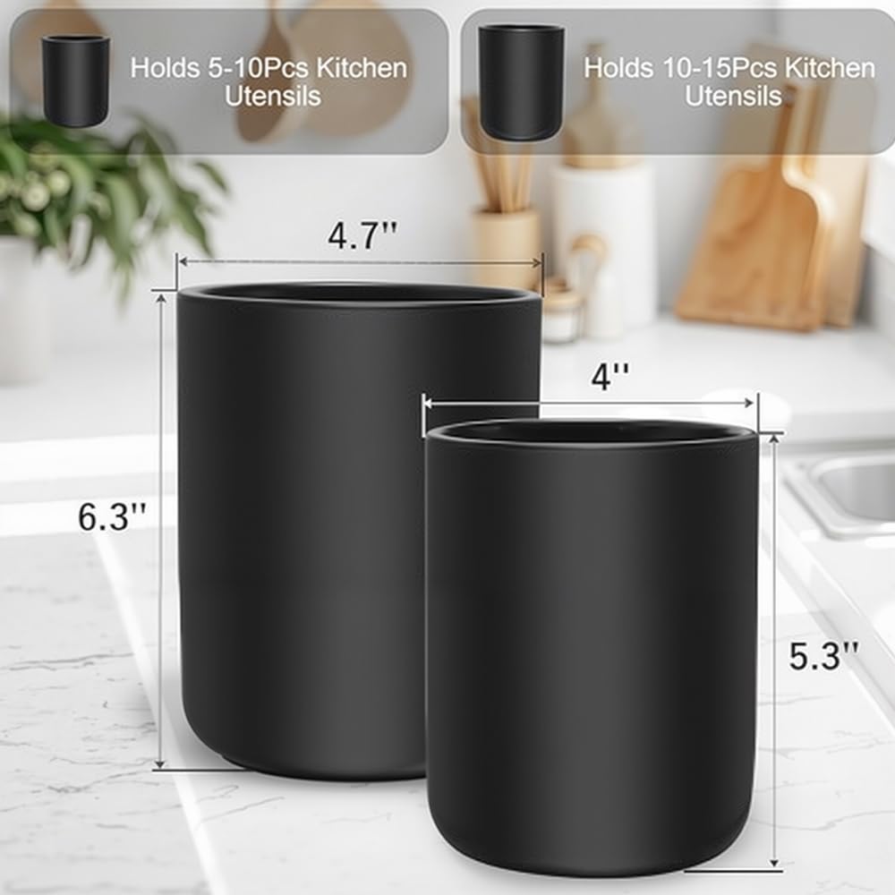 Vunanvu 2 Stück Küchenutensilienhalter Schwarz Utensilienhalter Keramik Küchentheke Behälter für Küchenutensilien Halter Leicht zu Reinigen Küchenhelfer Aufbewahrung für Löffel Spateln Messern Gabeln 2