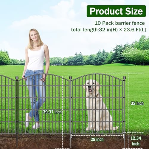 10 Panels Decorative Garden Fence with Gate - 32 in (H) x 23.6 ft (L) No Dig Dog Fence Outdoor for Yard, Rustproof Tall Garden Fencecing Panels, Animal Barrier Suitable for Yard Border, Patio