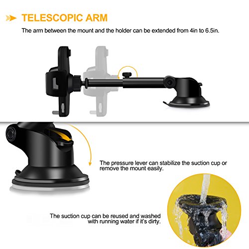 Amoner Car Phone Mount, Cell Phone Holder for Car Dashboard Windshield Compatible with iPhone 11 Pro/XS Max/XR/X 8/7/6 Samsung Galaxy S10 S9 S8 and Other Smartphones up to 6.5 inches, Black Gray