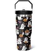 qwpmvhsak 30 oz Halloween Boo Flip Tumbler Insulated Stainless Tumbler, Goth Ghost Travel Coffee Cup Water Bottle, Witch Goth Decor For Women