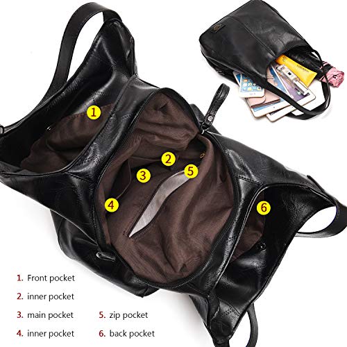 Shoulder Bags for Women Soft Leather Hobo Bags 3 Compartment Large Capacity Handbag Multiple Pocket Tote Bag,Black