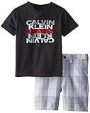 Calvin Klein Little Boys' Black V-Neck T-Shirt with Plaid Shorts