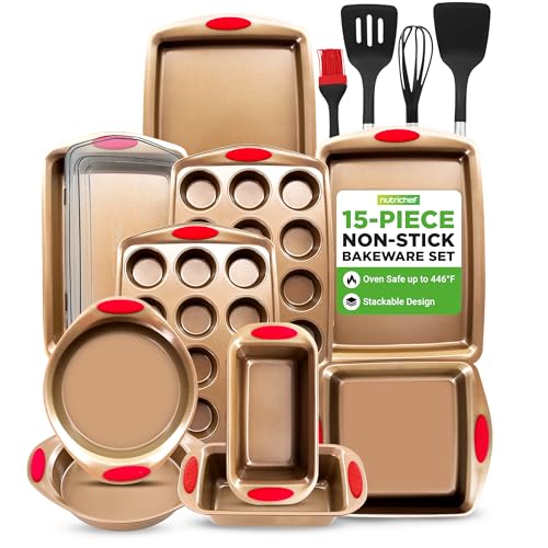 NutriChef 15-Piece Nonstick Bakeware Set w/ Baking Utensils – Premium Oven Safe Baking Pans with Silicone Handles, Easy Clean, Dishwasher Safe Tray Set for Cakes, Muffins, Bread, Cookies & Roasting