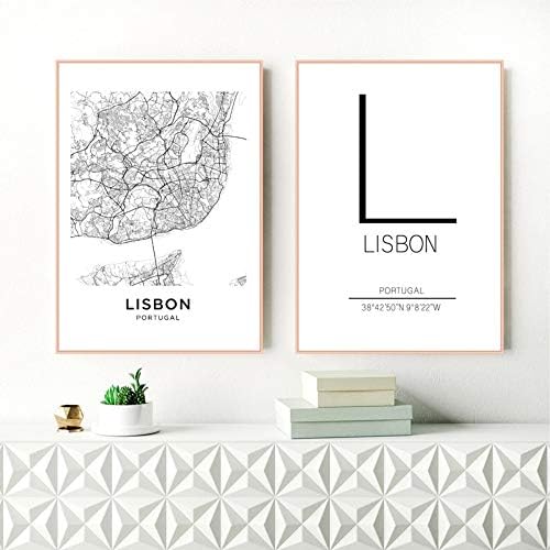 Suuyar 2 Pieces Lisbon City Map Poster Art Decor Canvas Prints, Black and White Portugal Lisbon Canvas Painting Wall Pictures Modern Home Decor 50X70Cm No Frame