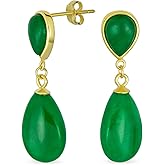 Delicate Double Teardrop Earrings: Genuine Black Onyx & Green Jade Dangle in Classic Simple Design for Women 14K Yellow Gold Overlay on .925 Sterling Silver