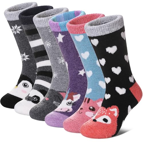 FNOVCO Kids Merino Wool Hiking Socks Toddlers Boys Girls Cozy Thermal Winter Thick Warm Crew Socks 6 Pairs