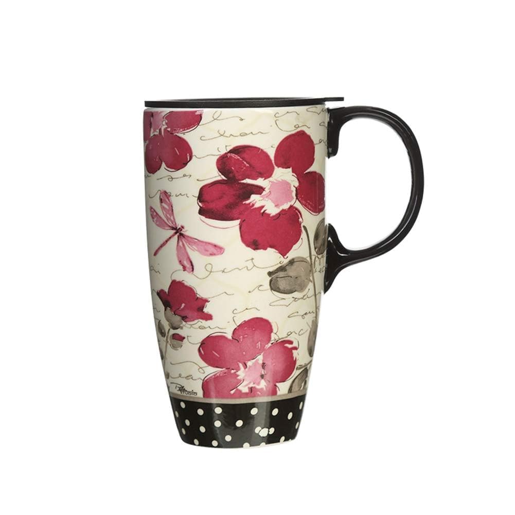 Topadorn 17 oz Ceramic Travel Mug with Spill Proof Lid & Handle, Microwave Dishwasher Safe Coffee Cup, Gift for Men and Women, Purple Flower