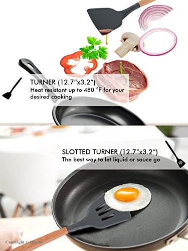 Ofargo Silicone Kitchen Utensil Set of 8 Pieces with Natural Wood Handle for Cooking, Non-Stick, Gray - Thumbnail 6