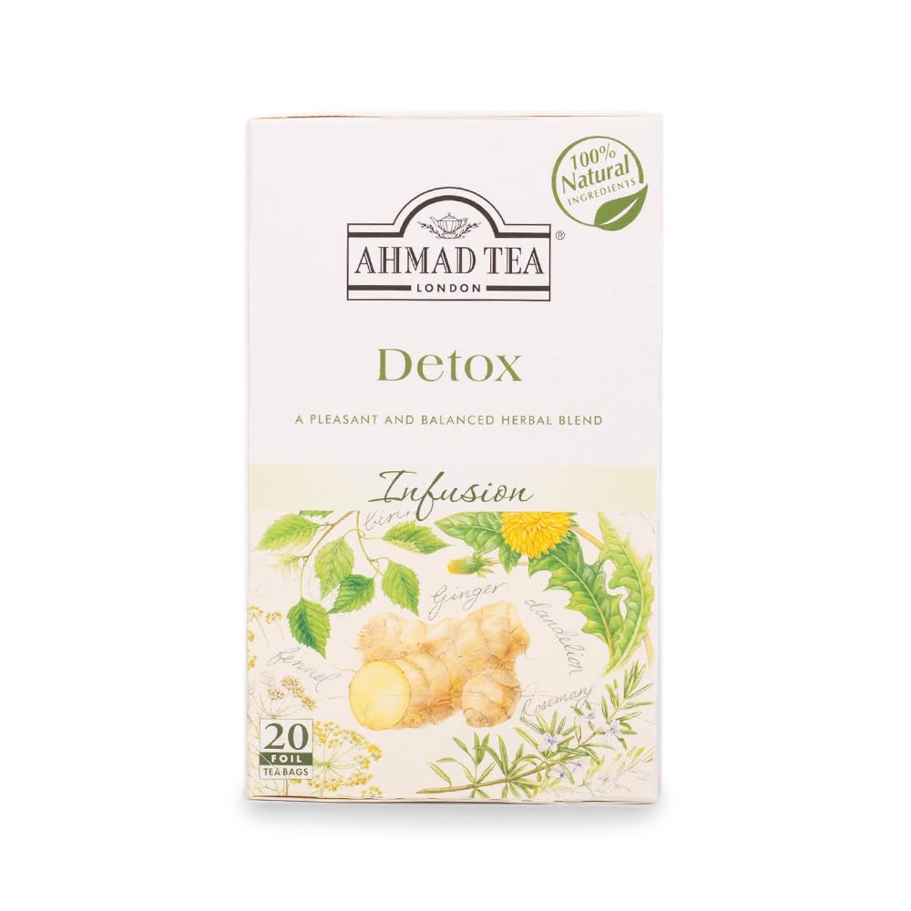 Ahmad Tea Detox Tea | Fruit & Herbal Infusion | Ginger, Dandelion, Nettle, Peppermint, Fennel, Birch leaves - 20 Teabag Sachets