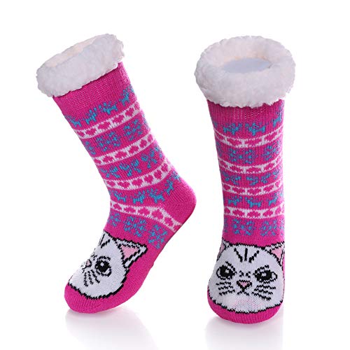 LANLEO Boys Girls Cute Animal Slipper Socks Fuzzy Soft Warm Thick Fleece Lined Winter Socks Kids Toddlers Christmas Stockings Cat,5-8 Year Old