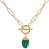 TaYolnFaSo Small Natural Stone Paperclip Toggle Necklace Thin Paper Clip Chain Necklace Paperclip Malachite Lapis Lazuli Pendant Jewelry Gift for Wife Daughter Girlfriend