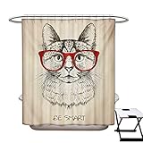 BlountDecor Hipster Shower Curtains Sets Bathroom Animal Kitten Cat with Vintage Retro Quote Glasses Sketchy Artwork Satin Fabric Sets Bathroom W69 x L70 Ivory Olive Green Vermilion