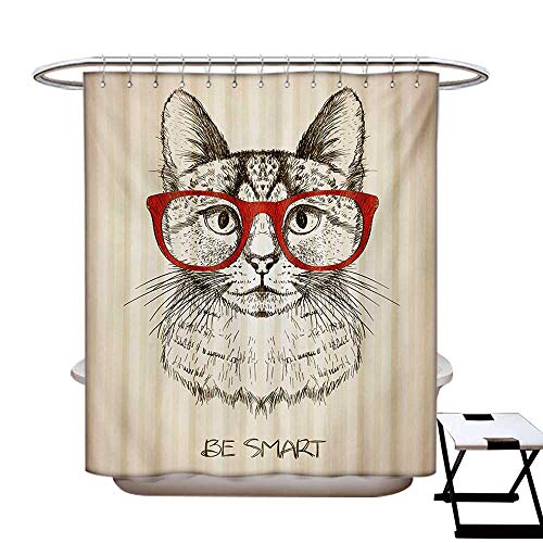 BlountDecor Hipster Shower Curtains Sets Bathroom Animal Kitten Cat with Vintage Retro Quote Glasses Sketchy Artwork Satin Fabric Sets Bathroom W69 x L70 Ivory Olive Green Vermilion